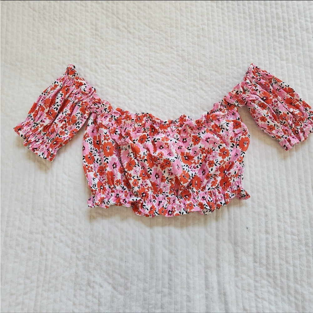 Yumi Kim Cruise Crop Top red pink floral cotton blouse size S